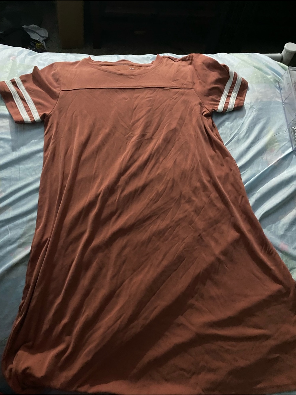 SO Rust Short Sleeve Midi Dress with White Sleeve Stripes